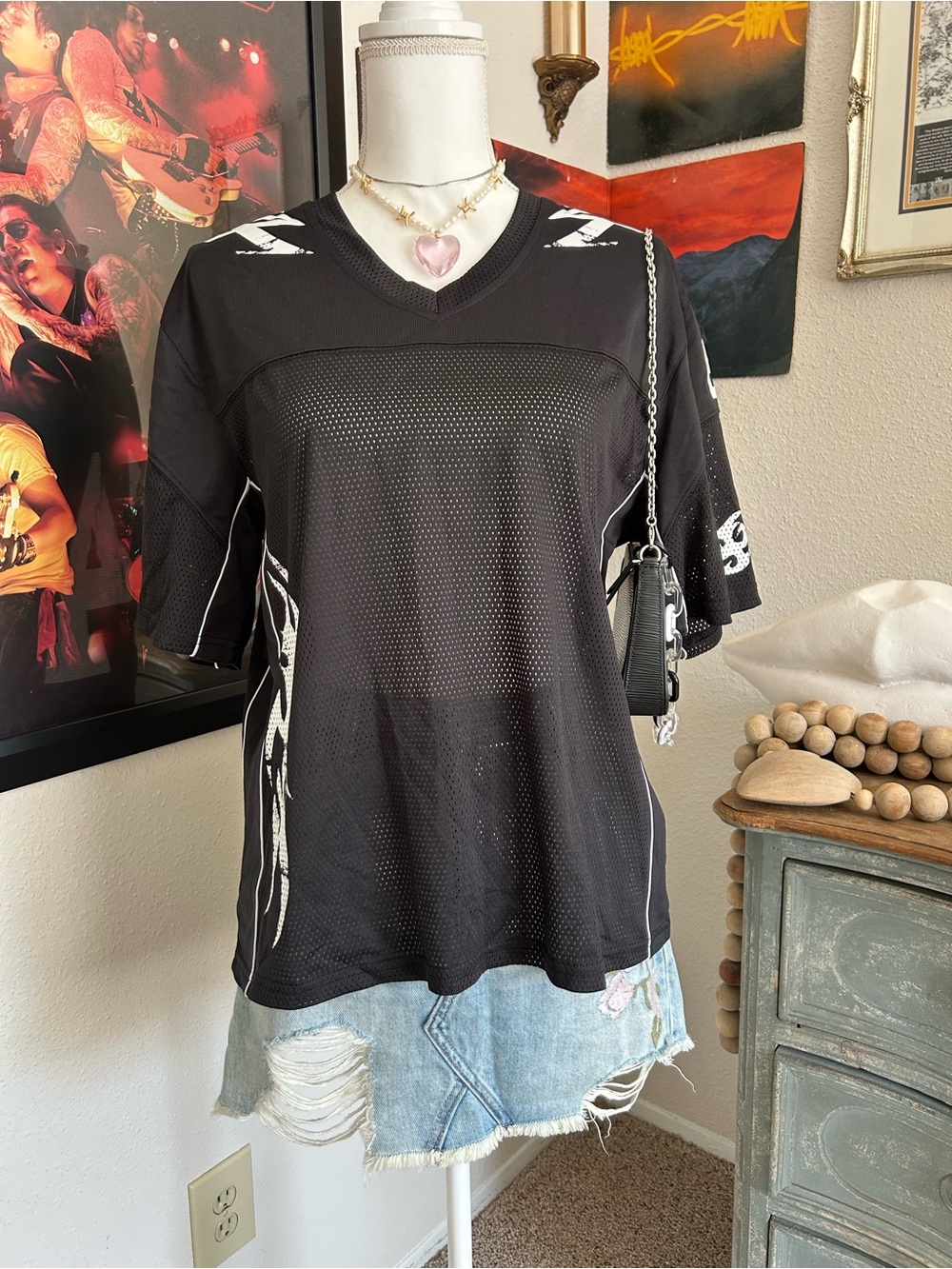 Y2K Black Jersey Top Womens Streetwear Distressed Cybersigilism Alt Punk Baddie